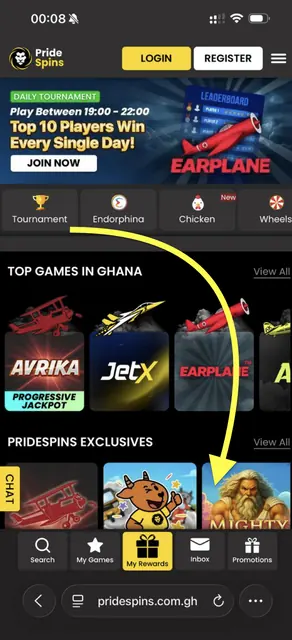 PrideSpins site open in the phone browser